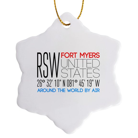 3drose, Beautiful Text Rsw, Fort Myers, United States, Location Coordinates, 3 inch Snowflake Porcelain Ornament