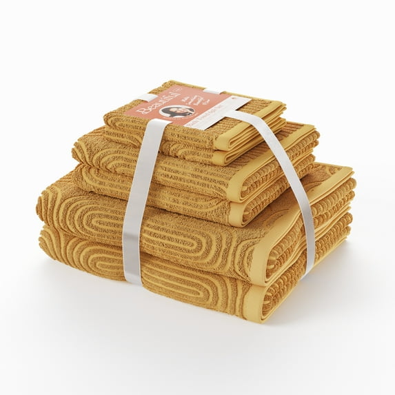 Beautiful by Drew Barrymore 6-Piece Textured Bath Towel Set, Soft 100% Cotton, Amber Yellow