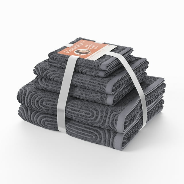 Beautiful by Drew Barrymore 6-Piece Textured Bath Towel Set, Soft 100% Cotton, Charcoal Gray