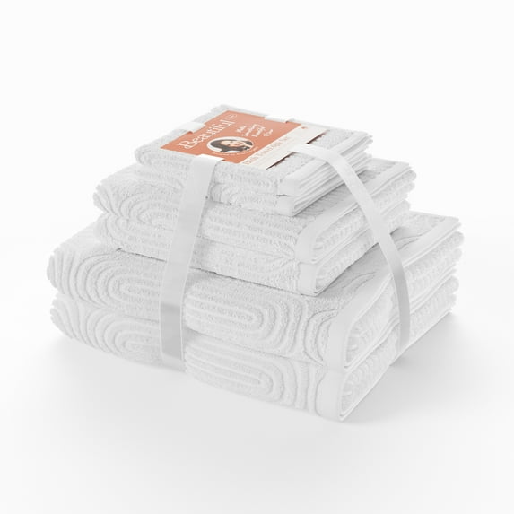 Beautiful by Drew Barrymore 6-Piece Towel Set, Soft 100% Cotton, Off-White