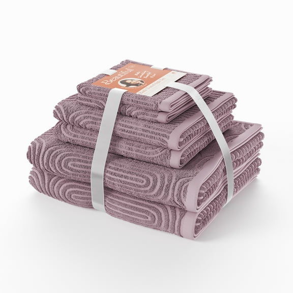 Beautiful by Drew Barrymore 6-Piece Textured Bath Towel Set, Soft 100% Cotton, Rose Pink