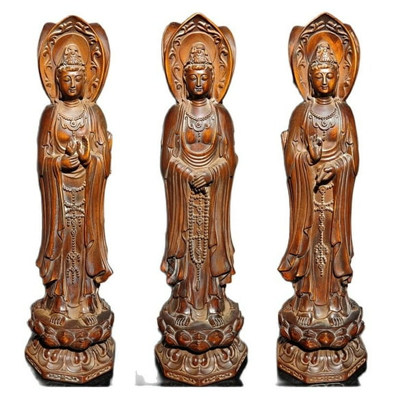 Beautiful Three sides Kwan-yin statue Wood Figure Guanyin vintage wood carving decoration wall desk Study souvenir amusing