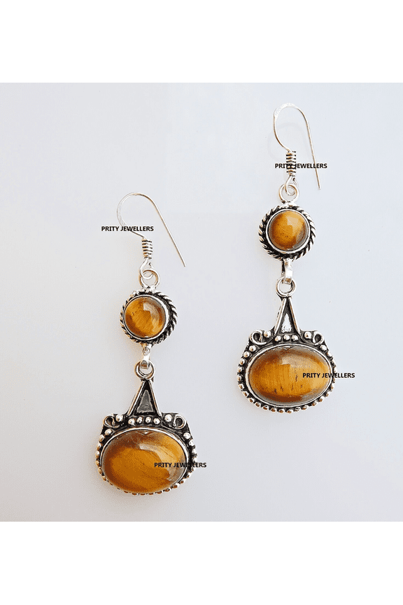 Beautiful Tiger Eye Dangle Earrings, Silver Plating Antique Handmade Earrings