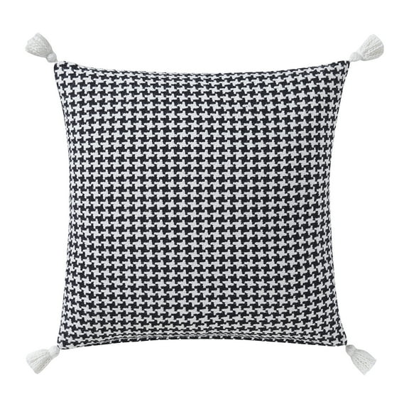 Beautiful Tonal Houndstooth Cotton Decorative Pillow with Tassels by Drew Barrymore, 22" x 22", Black