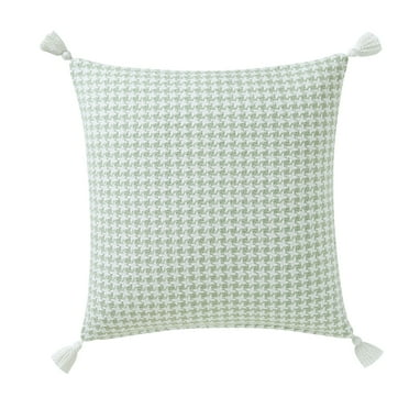 Beautiful Tonal Houndstooth Cotton Decorative Pillow with Tassels by Drew Barrymore, 22" x 22", Sage