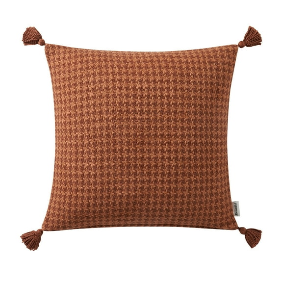 Beautiful Tonal Houndstooth Cotton Decorative Pillow with Tassels by Drew Barrymore, 22" x 22", Rust