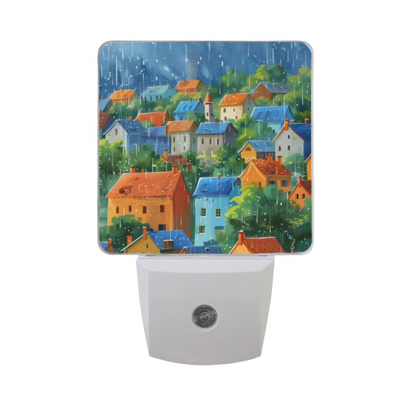 Beautiful Town Colorful Houses Trees Rain LED Night Light with Smart Sensor Plug Into Wall Dusk to Dawn 2 packs