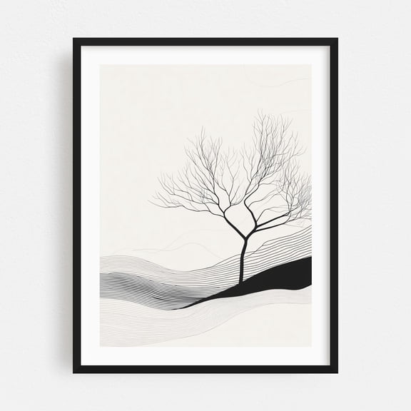 Beautiful Tree Line Art - Line Drawing Line Art Minimalist Abstract Black and White Nature Waves Black Framed Wall Art Print 5 x 7 inches