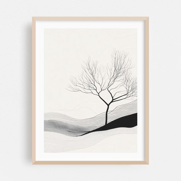 Beautiful Tree Line Art - Line Drawing Line Art Minimalist Abstract Black and White Nature Waves Oak Framed Wall Art Print 5 x 7 inches