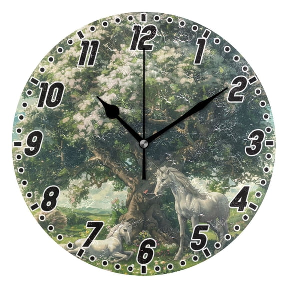 Beautiful Tree with Unicorn Round Wall Clock Battery Operated Silent Non-Ticking Bedroom Office Kitchen Home School Decor 10"(Black)