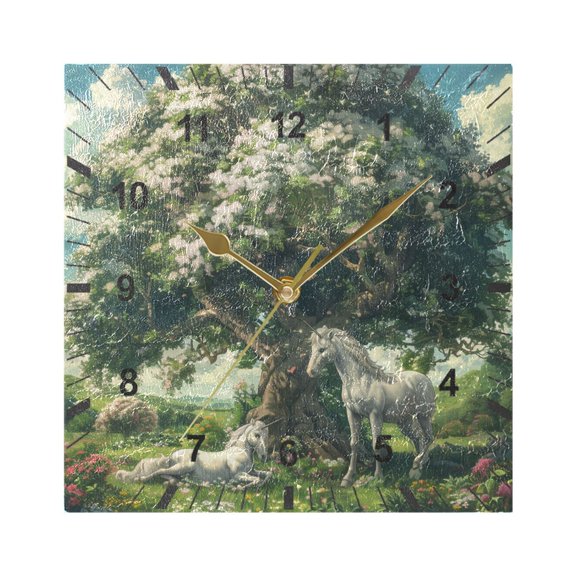 Beautiful Tree with Unicorn Wall Clock Battery Operated Silent Non-Ticking Bedroom Office Kitchen Home School Decor 7.8"(Gold)