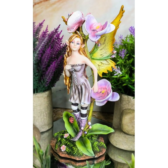 Beautiful Tropical Purple Orchid Blossoms Elf Magic Fairy With Ladybug Figurine