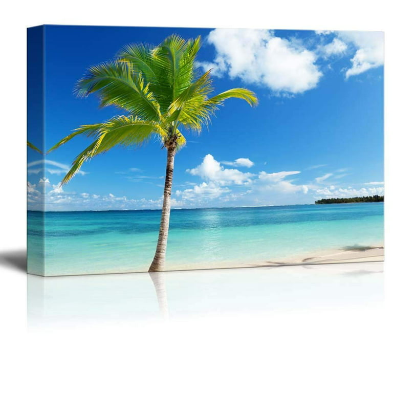 Beautiful Tropical Scenery Landscape Caribbean Beach and Palm Tree - Canvas  Art Wall Decor - 32 x 48 