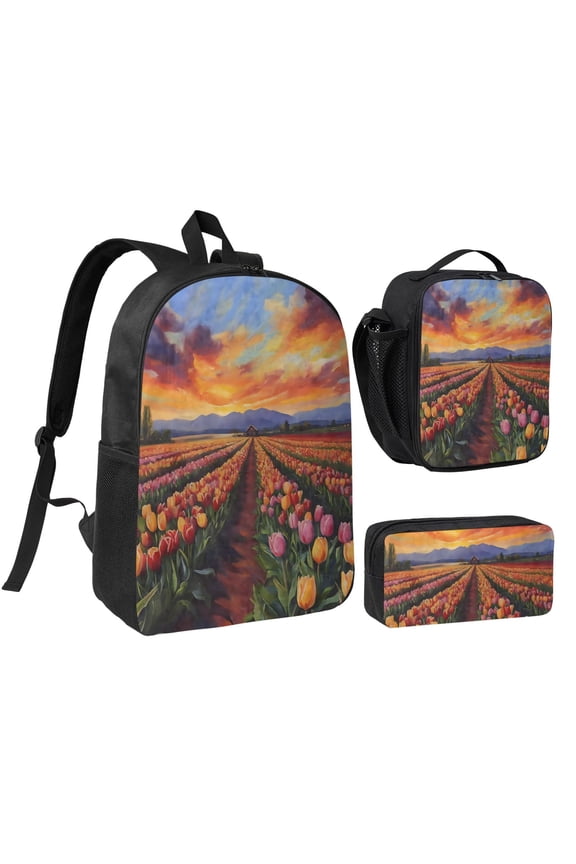 Beautiful Tulip Fields Backpack Set 3pc ，Backpack with Lunch Bag and Bag 17 Inch
