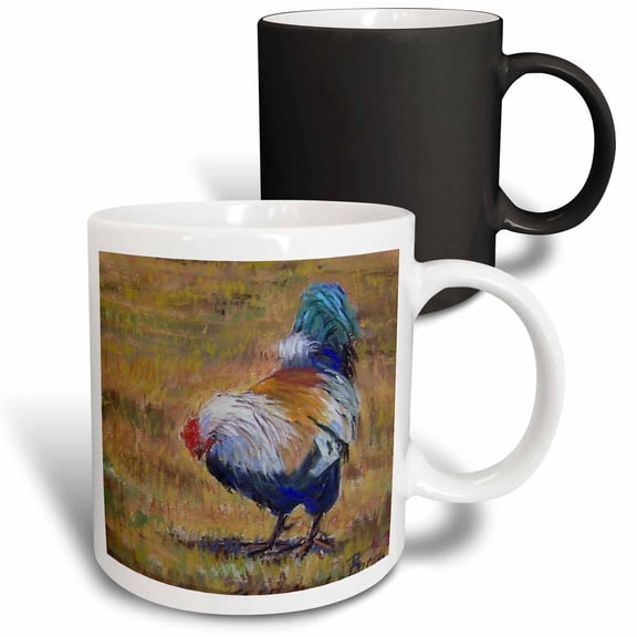 3drose, Beautiful Turquoise, White, Blue and Black Feathered Barnyard Rooster., 11oz Magic Transforming Mug