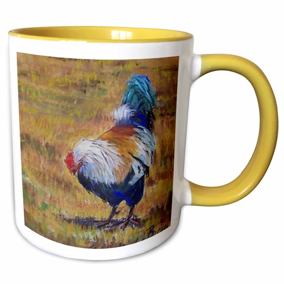 3drose, Beautiful Turquoise, White, Blue and Black Feathered Barnyard Rooster., 11oz Two-tone Yellow Mug