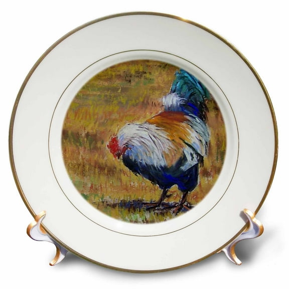 3dRose, Beautiful Turquoise, White, Blue and Black feathered barnyard rooster., 8 inch Porcelain Plate