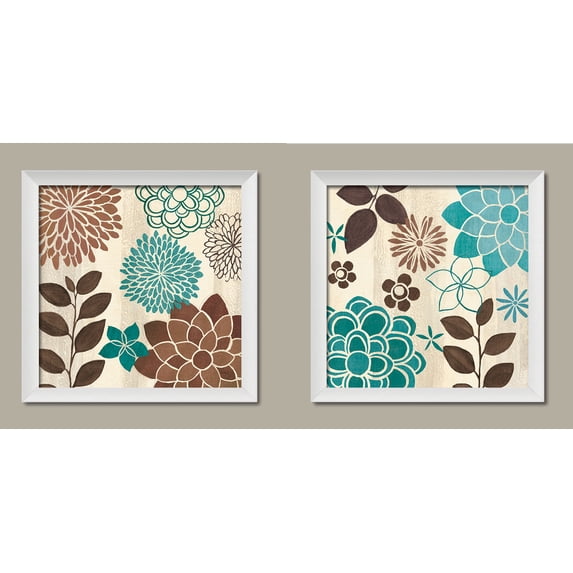 Beautiful Turquoise and Brown Flower and Leaf Print Set by Veronique Charron; Two 12x12in White Framed Prints, Ready to Hang!