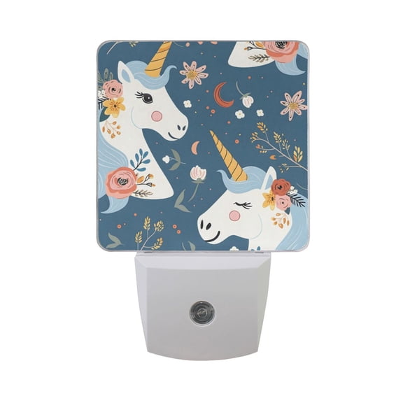 Beautiful Unicorn Head and Flower Night Light 2 Pack LED Nightlight Plug into Wall Dusk to Dawn Sensor Soft White