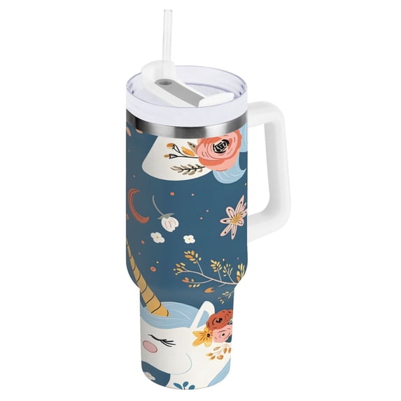 Beautiful Unicorn Head and Flower Tumbler with Handle and Straw Lid 30 oz Insulated Vacuum Water Bottle Stainless Steel Travel Cup
