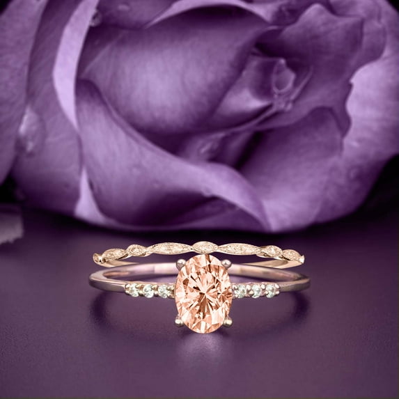 Beautiful Unique Art Deco 2.00 Carat Oval Cut Morganite And Diamond Moissanite Engagement Ring, Classic Wedding Ring, One Matching Band in 925 Sterling Silver With 18k Rose Gold Plating Gift For Her