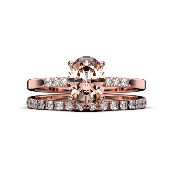 Beautiful Unique Art Deco 2.00 Carat Oval Cut Morganite And Diamond Moissanite Engagement Ring, Classic Wedding Ring, One Matching Band in 925 Sterling Silver With 18k Rose Gold Plating Gift For Her