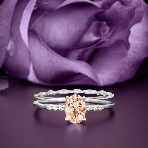 Beautiful Unique Art Deco 2.00 Carat Oval Cut Morganite And Diamond Moissanite Engagement Ring, Wedding Ring, One Matching Band in 925 Sterling Silver With 18k White Gold Plating Gift For Her