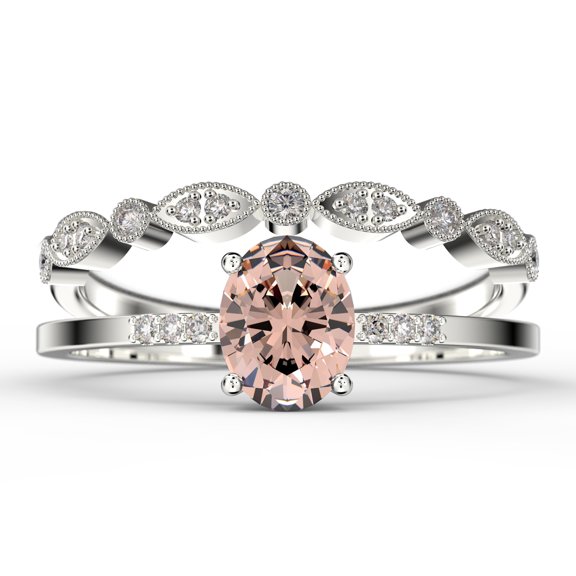 Beautiful Unique Art Deco 2.00 Carat Oval Cut Morganite And Diamond Moissanite Engagement Ring, Wedding Ring, One Matching Band in 925 Sterling Silver With 18k White Gold Plating Gift For Her