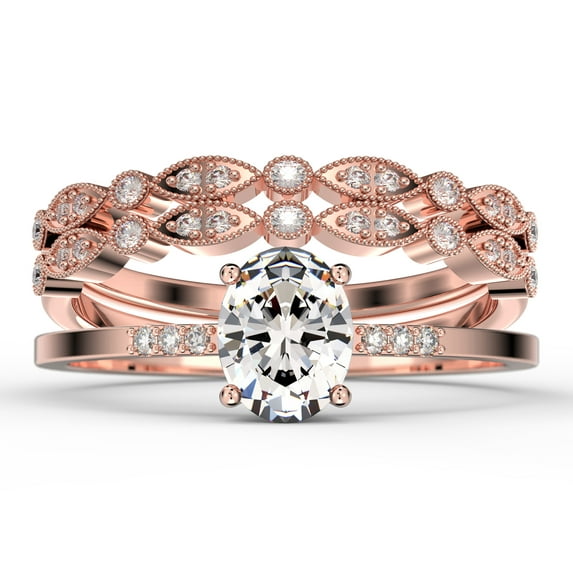 Beautiful Unique Art Deco 2.50 Carat Oval Cut Diamond Moissanite Engagement Ring, Classic Wedding Ring, Two Matching Band in 10k Solid Rose Gold, Gift For Her, Promise Ring, Trio Set