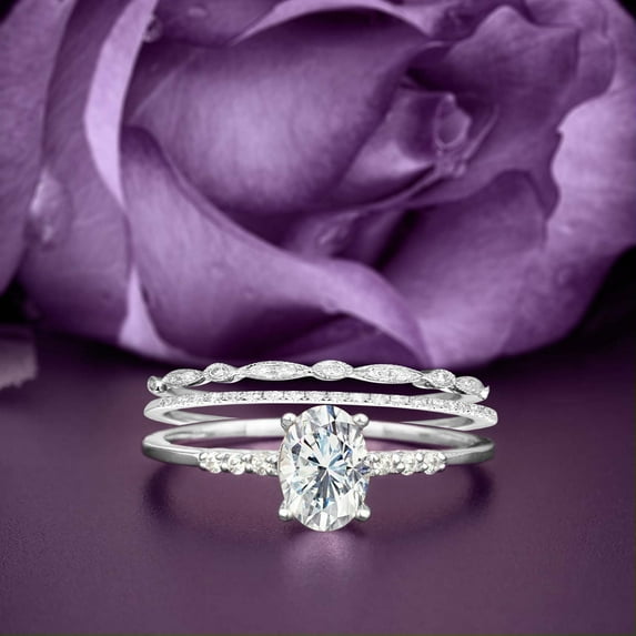 Beautiful Unique Art Deco 2.50 Carat Oval Cut Diamond Moissanite Engagement Ring, Classic Wedding Ring, Two Matching Band in 10k Solid White Gold, Gift For Her, Girlfriend, Promise Ring, Trio Set