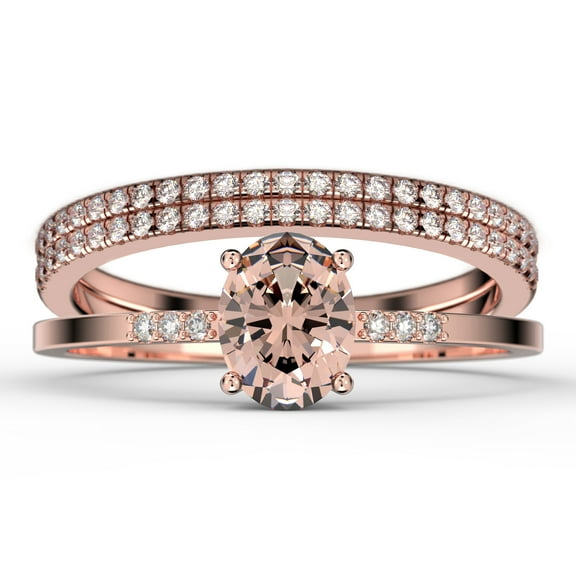 Beautiful Unique Art Deco 2.50 Carat Oval Cut Morganite And Diamond Moissanite Engagement Ring, Classic Wedding Ring, Two Matching Band in 10k Solid Rose Gold, Gift For Her, Promise Ring, Trio Set