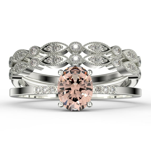 Beautiful Unique Art Deco 2.50 Carat Oval Cut Morganite And Diamond Moissanite Engagement Ring, Classic Wedding Ring, Two Matching Band in 10k Solid White Gold, Gift For Her, Promise Ring, Trio Set