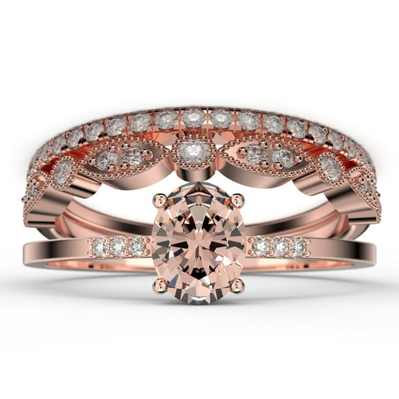 Beautiful Unique Art Deco 2.50 Carat Oval Cut Morganite And Diamond Moissanite Engagement Ring, Classic Wedding Ring, Two Matching Band in 925 Sterling Silver With 18k Rose Gold Plating Gift For Her