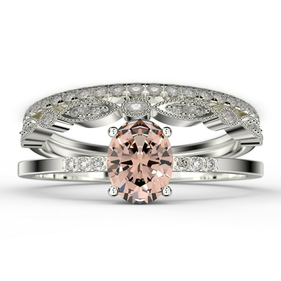 Beautiful Unique Art Deco 2.50 Carat Oval Cut Morganite And Diamond Moissanite Engagement Ring, Classic Wedding Ring, Two Matching Band In 10K Solid White Gold, Gift For Her, Promise Ring, Trio Set