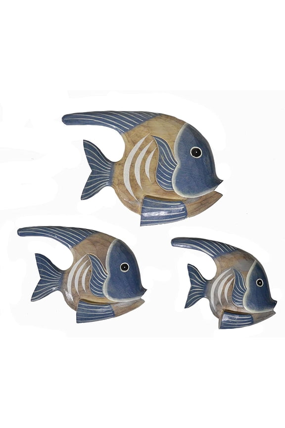Beautiful Unique Set of 3 Angel Wooden Fish Hanging Wall Art Hand Carved Statue Sculpture