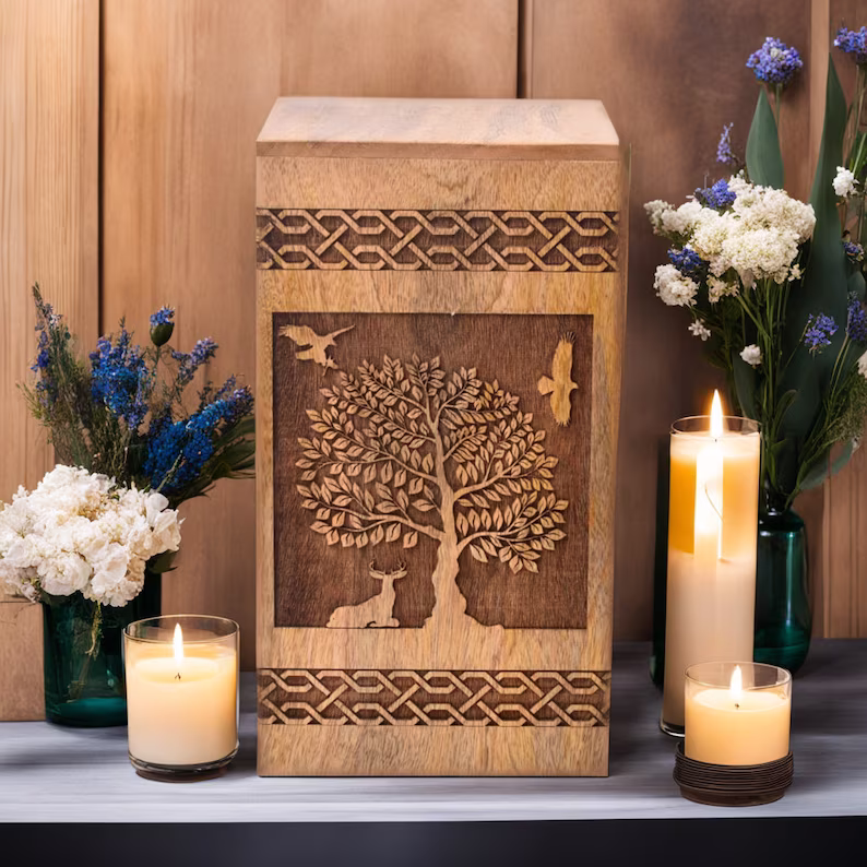 thumbnail image 1 of Beautiful Urn for human ashes wooden urn for burial of your loved one The Tree of life personalized urns box customise ashes box, 1 of 5