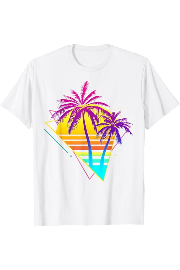 Beautiful Vaporwave Tropical Sunset Palm Trees T-ShirtMen and women, White T-shirt, size: Extra large