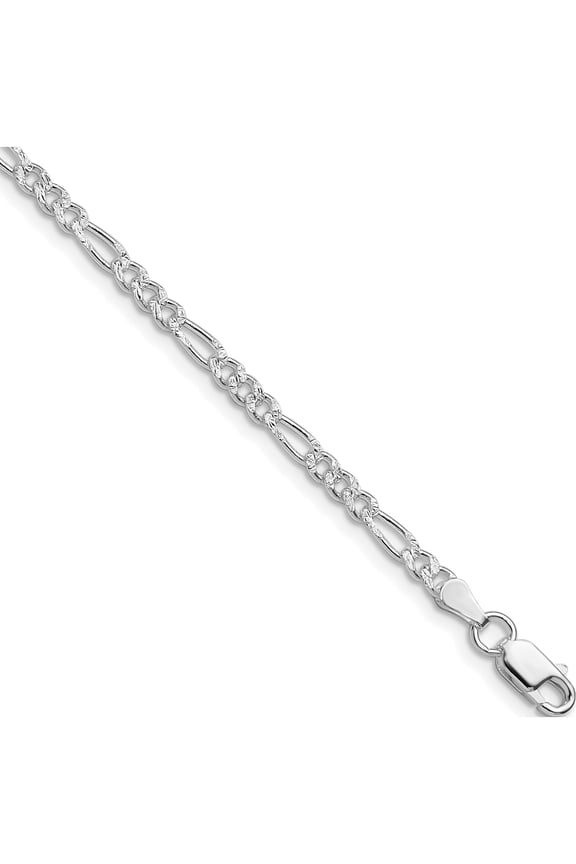 Sterling Silver Rhodium-plated 3mm Pav Flat Figaro Chain