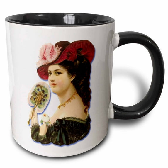 3drose, Beautiful Victorian Lady in a Feathered Hat Holding a Feather Fan, 11oz Two-tone Black Mug