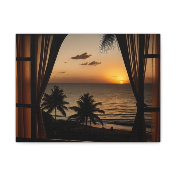 Beautiful View Sunset Sea Open Window Ocean Canvas Wall Art for Home Decor Ready-to-Hang