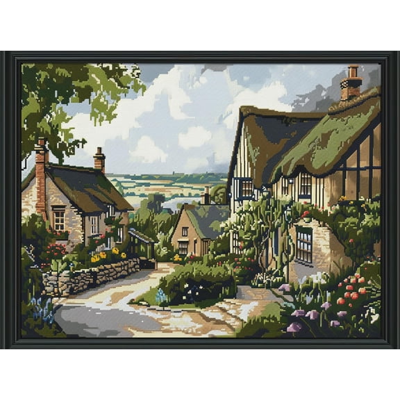 Beautiful Village House Scene DIY 11CT Stamped Cross Stitch Kits for Beginners Easy Needlepoint Embroidery Counted Cross Stitch Art Craft for Wall Decoration 12x16inch(2)