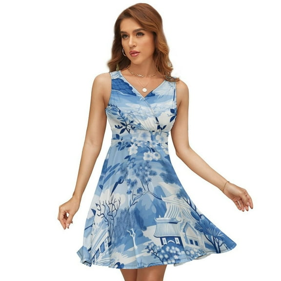 Beautiful Vintage Blue Chinoiserie Toile Bird Dress Summer Street Style Dresses Female Sleeveless Printed Sundress