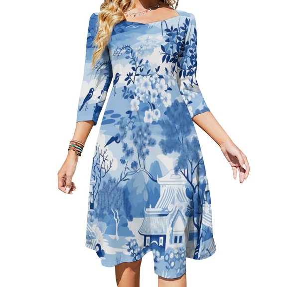 Beautiful Vintage Blue Chinoiserie Toile Bird Womens Summer Dress Tie Back A Line Flare Dress