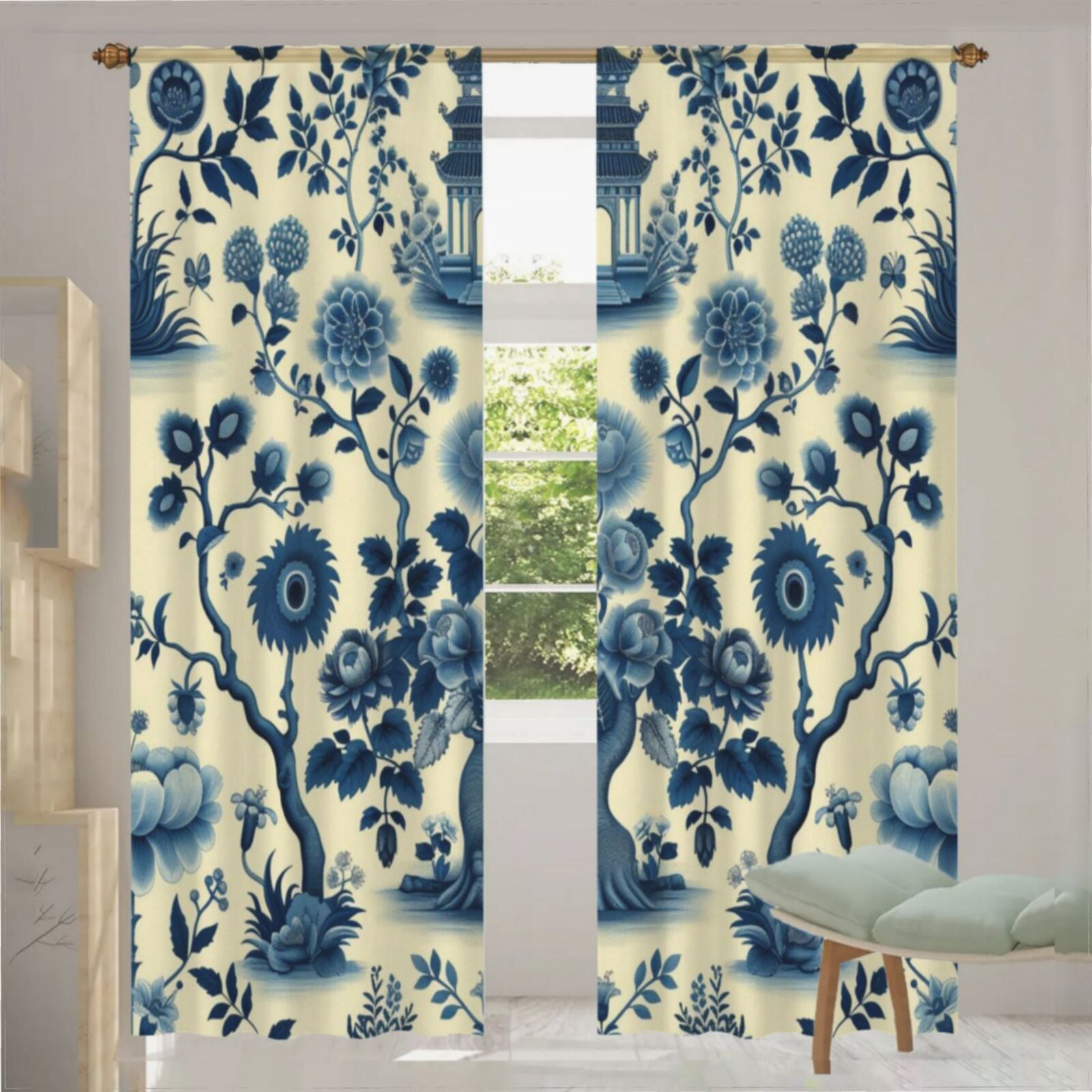 Beautiful Vintage Blue Chinoiserie Toile Curtains for Living Room