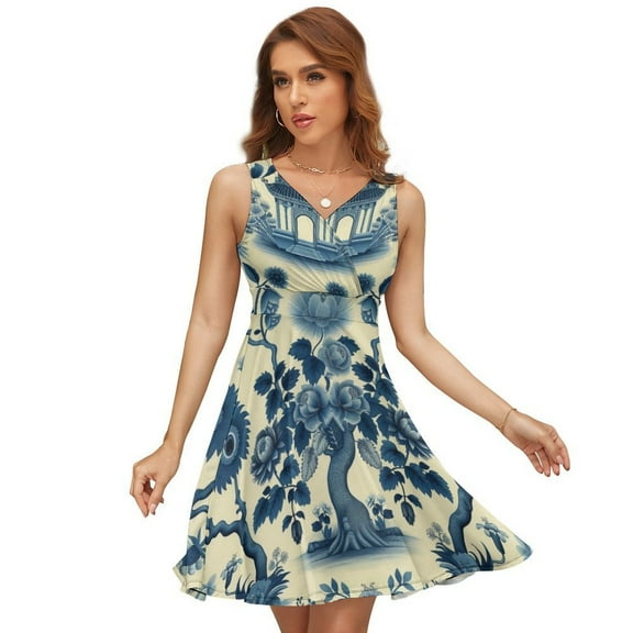 Beautiful Vintage Blue Chinoiserie Toile Dress Fashion Beach Long Dresses Female Party Printed Sundress