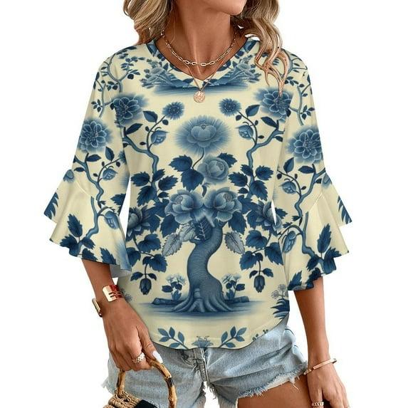 Beautiful Vintage Blue Chinoiserie Toile Women's V-Neck Blouse With 3/4 Ruffled Bell Sleeves Casual Top Ladies Blouses
