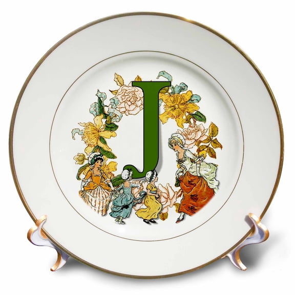 3dRose, Beautiful Vintage Victorian Kate Greenaway Monogram Letter J, 8 inch Porcelain Plate