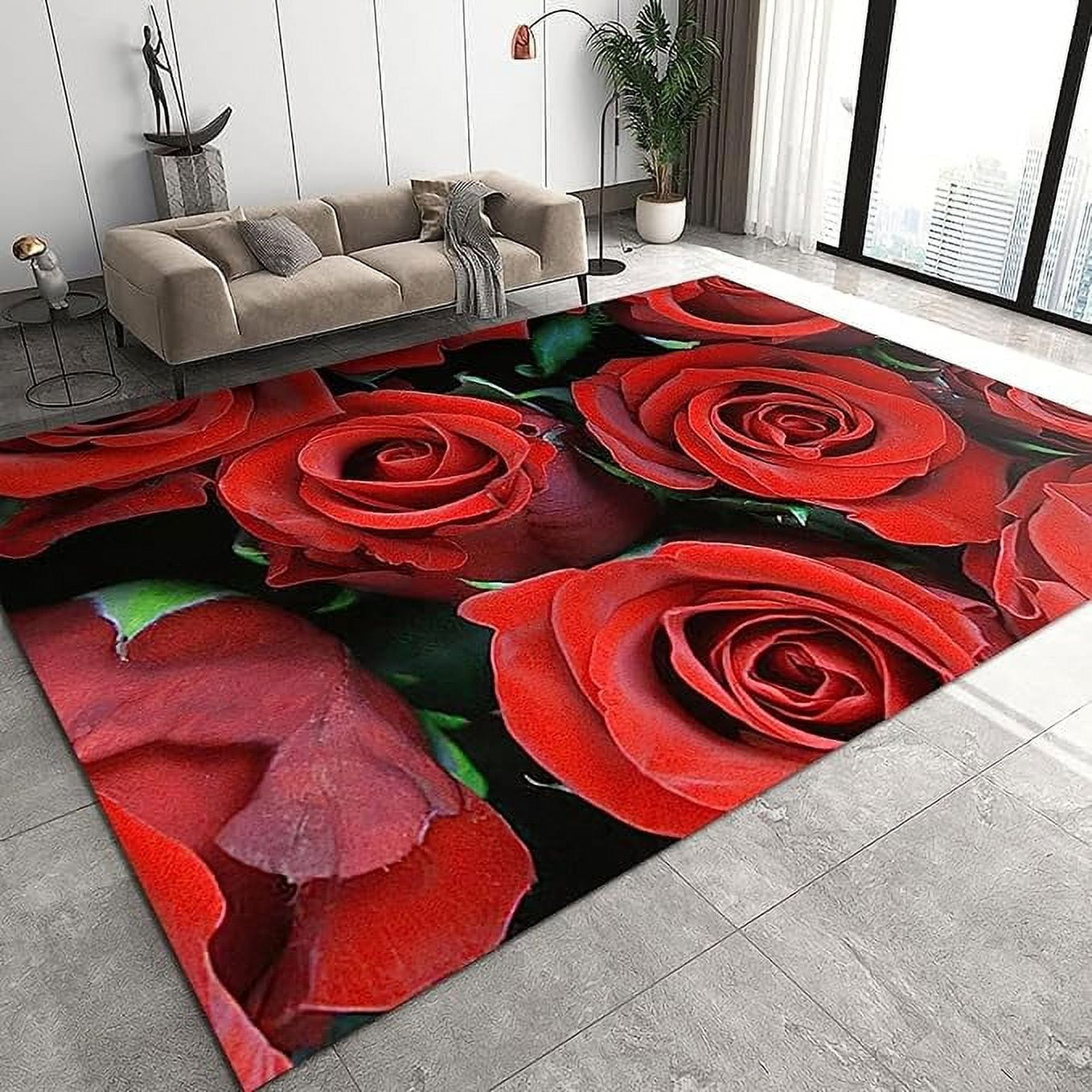 Beautiful Vivid Red Rose Area Rugs, Romantic Garden Easy Clean Rug ...