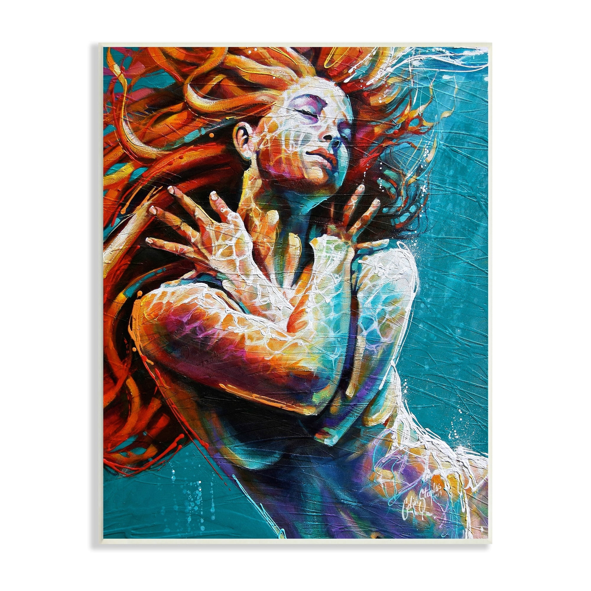 Beautiful Vivid Woman Underwater Swimming Flowing Hair Coastal Painting Unframed Art Print Wall Art