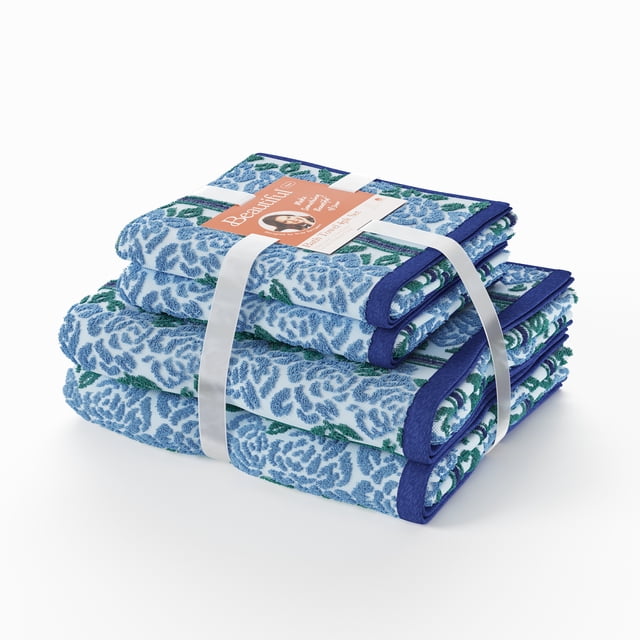 Beautiful by Drew Barrymore 4-Piece Wallpaper Bath Towel Set, Soft 100% Cotton, Smokey Blue